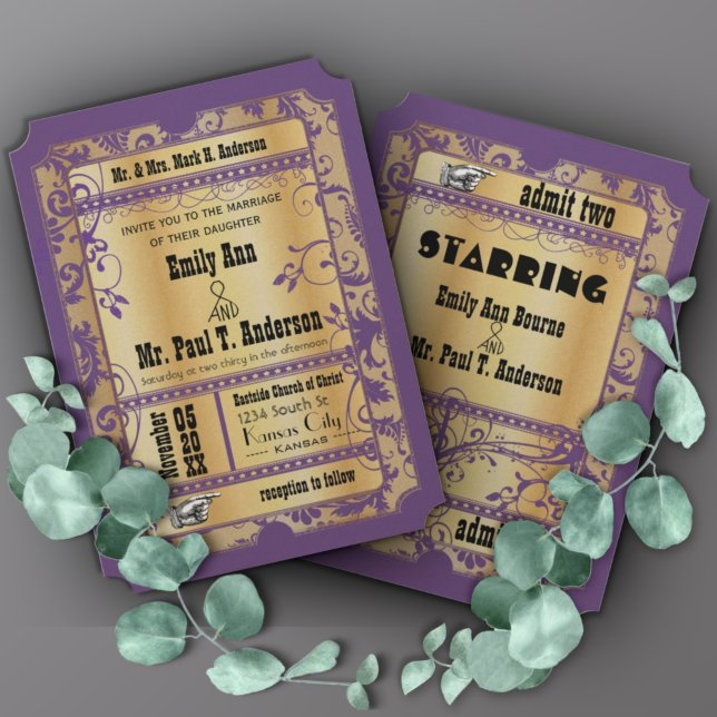Invitación Boda de boletos de oro púrpura viejo de Hollywood (Subido por el creador)