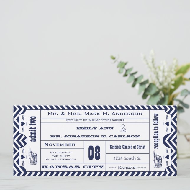 Invitación Boda de boletos modernos de la Marina Chevron Zig  (Anverso de pie)