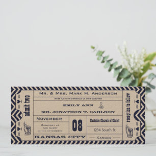 Invitación Boda de boletos modernos de la Marina Chevron Zig 