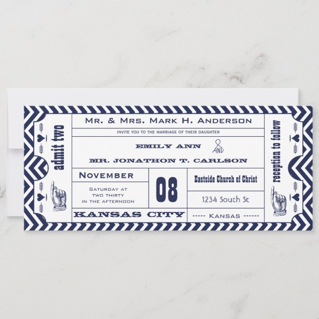 Invitación Boda de boletos modernos de la Marina Chevron Zig  (Anverso)