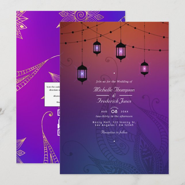 Invitación Boda de Bollywood árabe con código QR RSVP (Anverso / Reverso)