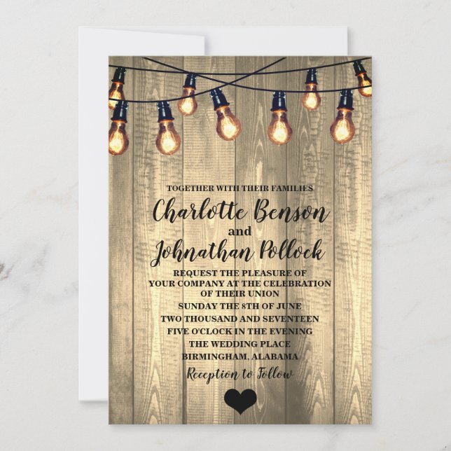 Invitación Boda de Bombillas Rustic Barn Wood y Edison (Anverso)