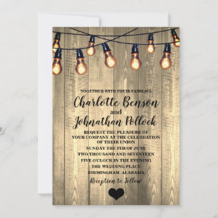 Invitación Boda de Bombillas Rustic Barn Wood y Edison