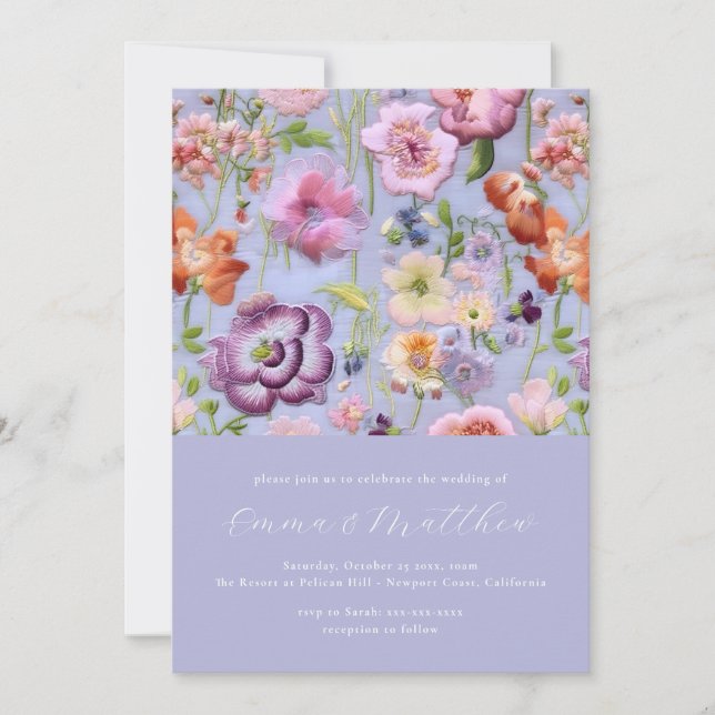 Invitación Boda de bordado botánico en negrita morado y Naran (Anverso)