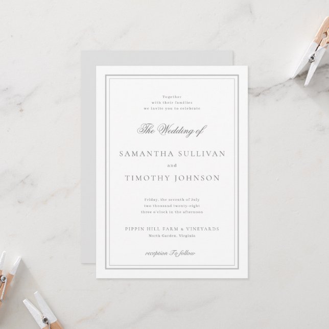 Invitación Boda de borde blanco gris clásico y eterno (Anverso/Reverso In Situ)