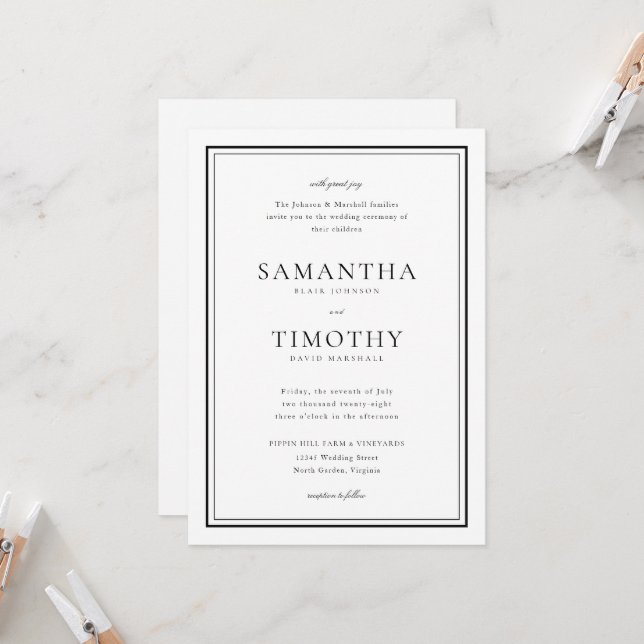 Invitación Boda de borde blanco y negro clásico incansable (Anverso/Reverso In Situ)
