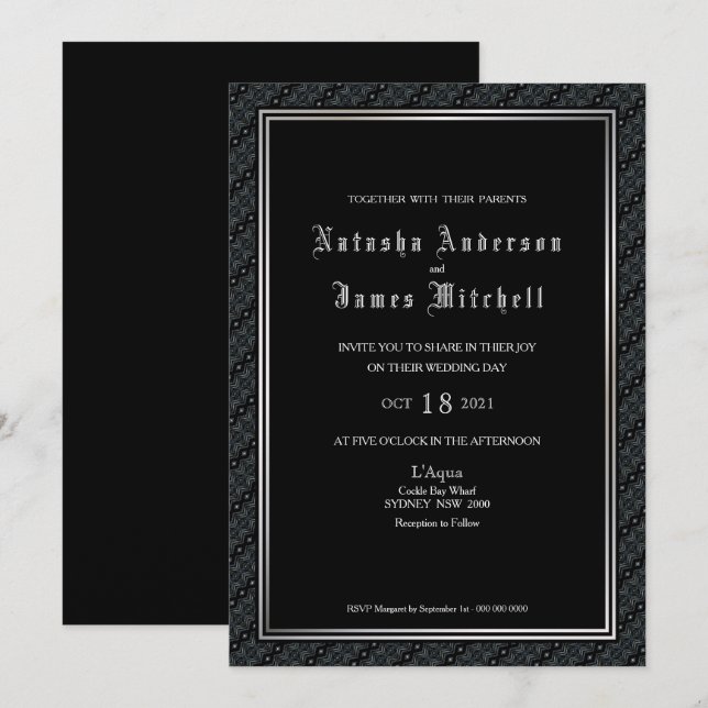 Invitación Boda de borde blanco y negro decorativo (Anverso / Reverso)