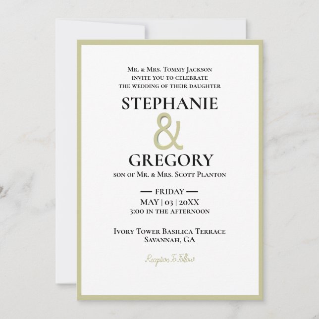 Invitación Boda de borde blanco y oro minimalista (Anverso)