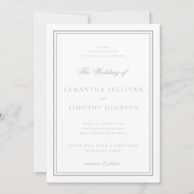 Invitación Boda de borde clásico gris azul francés (Anverso)