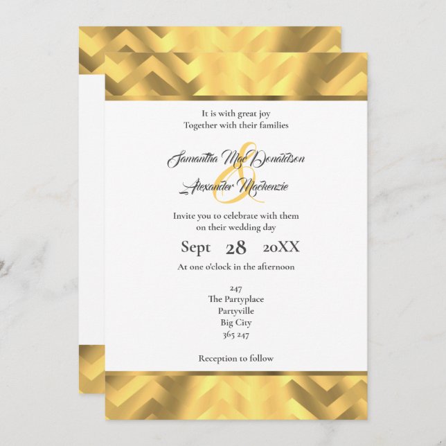 Invitación Boda de borde de chevron de oro (Anverso / Reverso)