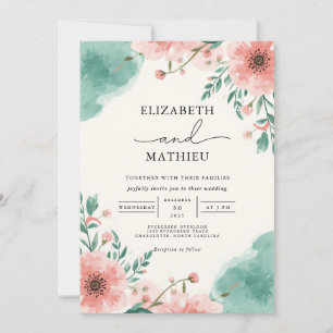 Invitación Boda de borde de color de agua de la flor de coral