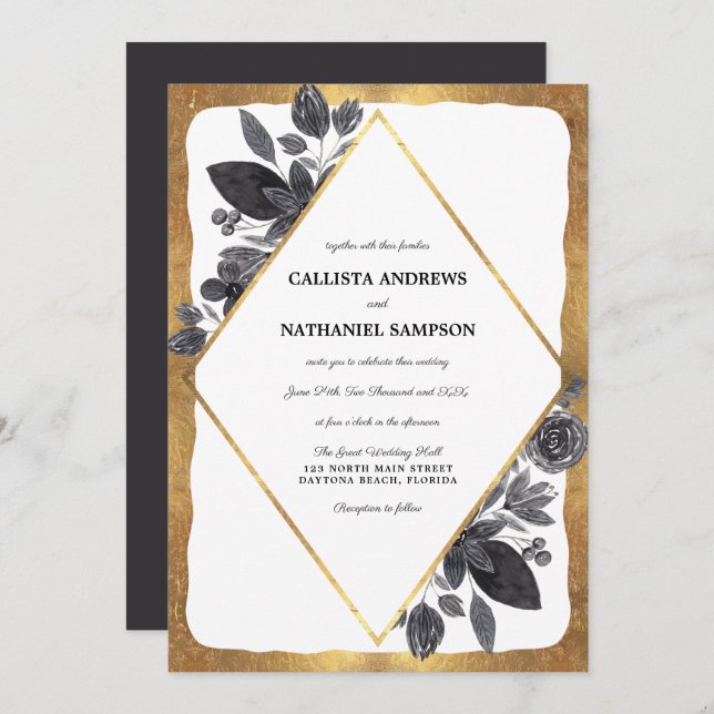 Invitación Boda de borde de diamante blanco dorado (Anverso / Reverso)