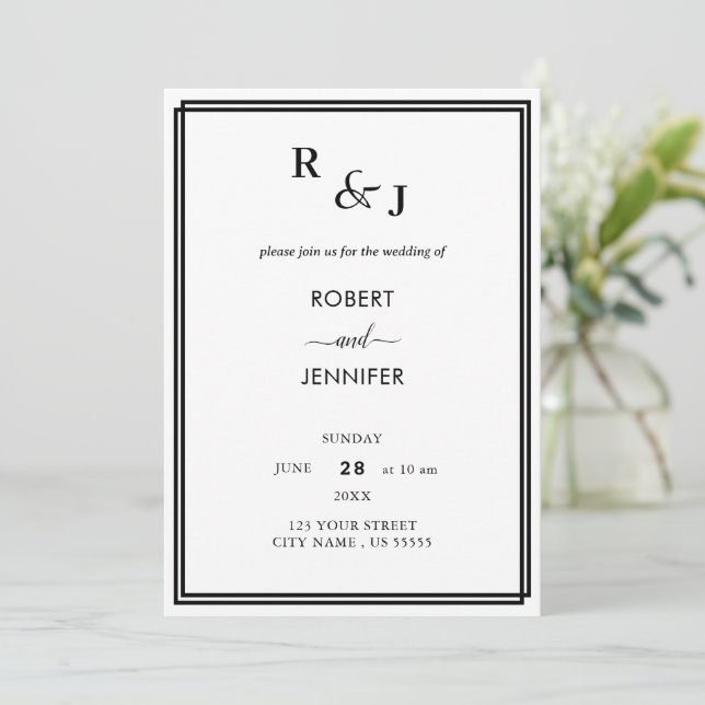 Invitación Boda de borde de elegancia moderna en blanco y neg (Anverso de pie)