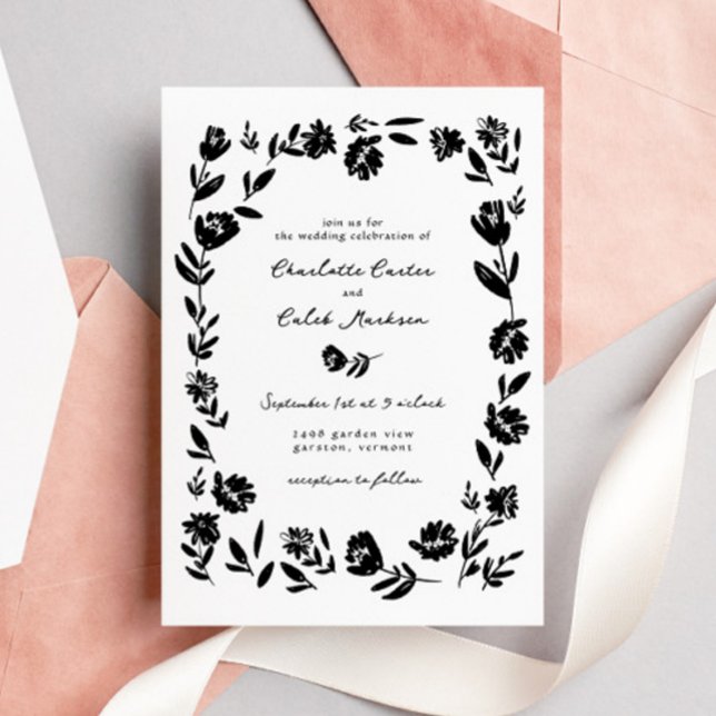 Invitación Boda de borde de flor caprichoso con mano (Subido por el creador)