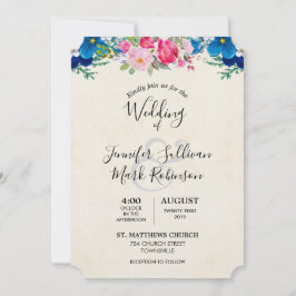 Invitación Boda de borde de flor rosa y azul bonito