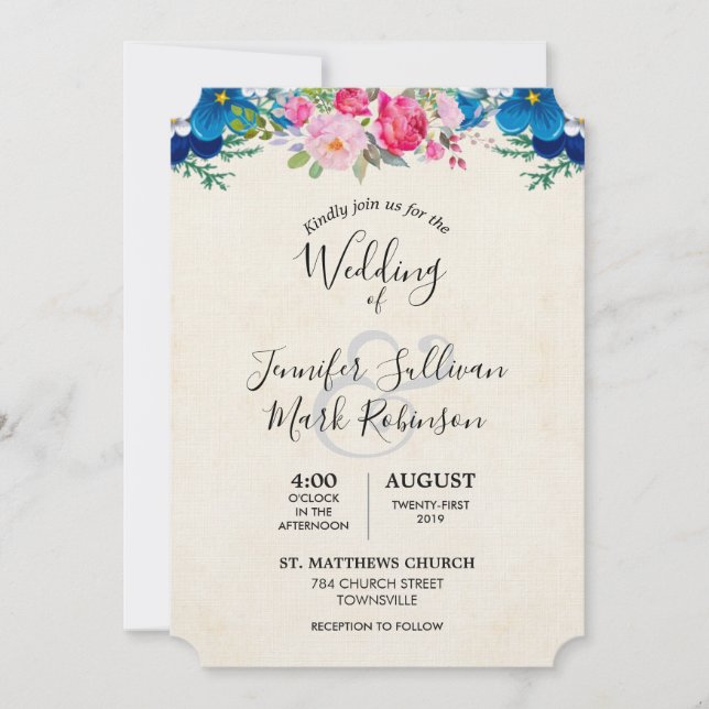 Invitación Boda de borde de flor rosa y azul bonito (Anverso)