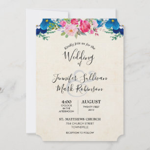 Invitación Boda de borde de flor rosa y azul bonito