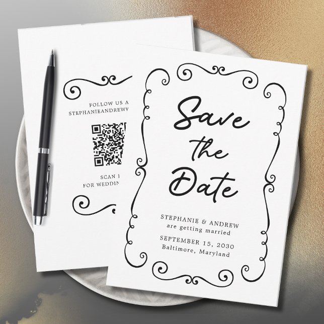Invitación Boda de borde de garabato dibujada a mano Guardar  (Hand Drawn Doodle Border QR Code Wedding Save the Date Invitation)