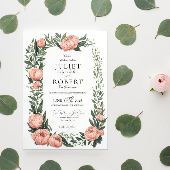 Invitación Boda de borde de hoja rosada de primavera romántic (Subido por el creador)