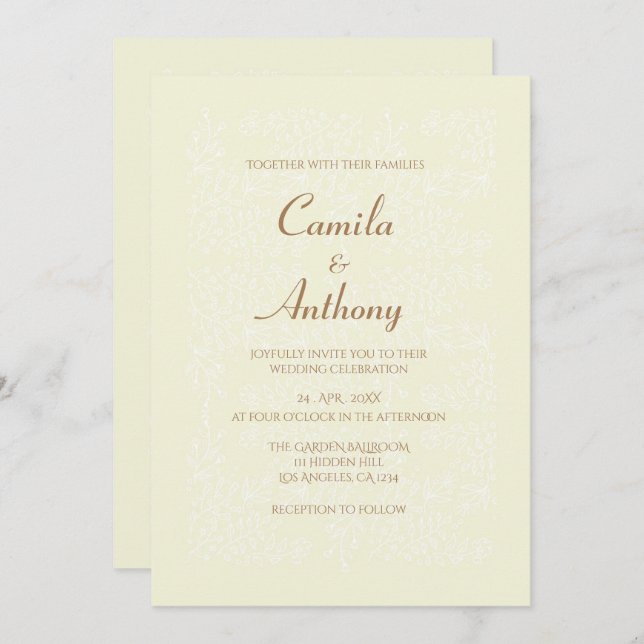 Invitación Boda de borde de impresión de patrón floral blanco (Anverso / Reverso)