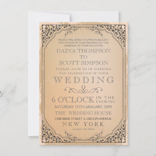 Invitación Boda de borde de marco elegante de filigrana vinta (Anverso)