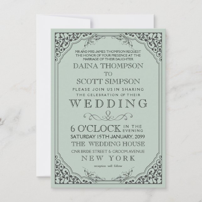 Invitación Boda de borde de marco elegante de filigrana vinta (Anverso)
