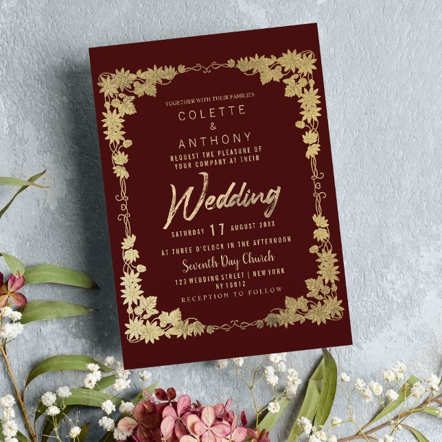 Invitación Boda de borde de marco floral de oro burgundy eleg (Classy burgundy gold floral frame border Wedding )