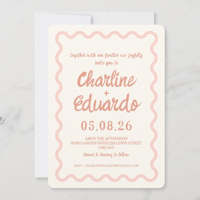 Invitación Boda de borde de onda rosa Rubor (Anverso)