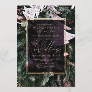 Invitación Boda de borde de oro del árbol de Navidad de invie