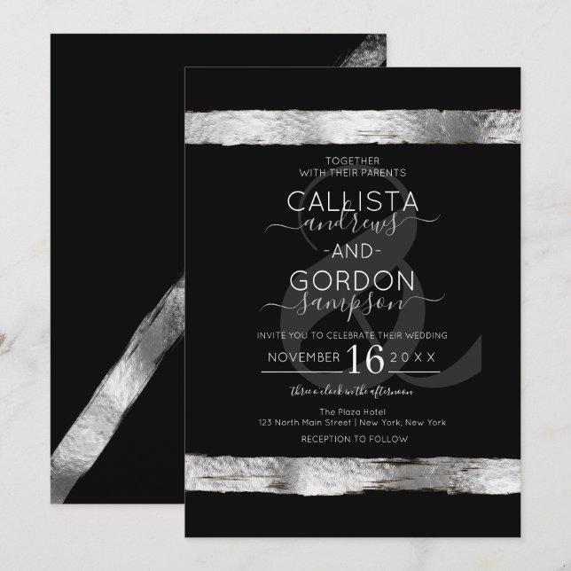 Invitación Boda de borde de pincel de plata negra de lujo (Anverso / Reverso)