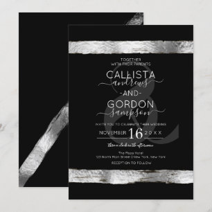 Invitación Boda de borde de pincel de plata negra de lujo