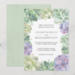 Invitación Boda de borde de suculentos verde y púrpura