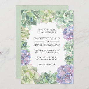 Invitación Boda de borde de suculentos verde y púrpura