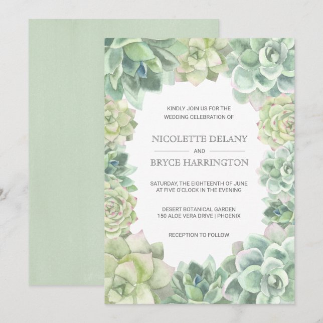 Invitación Boda de borde de suculentos verdes botánicos (Anverso / Reverso)