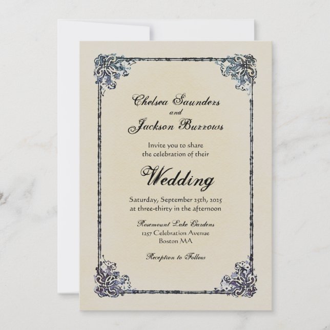 Invitación Boda de borde decorativo de venado azul turbio (Anverso)