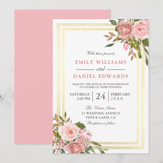 Invitación Boda de borde doble con flores de oro rosa rosa (Anverso / Reverso)