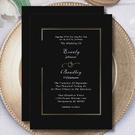 Invitación Boda de borde dorado blanco negro mínimo clásico