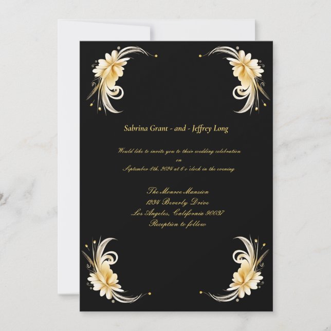 Invitación Boda de borde dorado de hoja floral (Anverso)