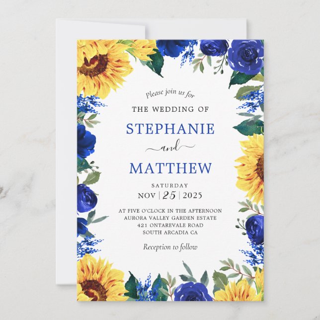 Invitación Boda de borde floral azul de girasol (Anverso)