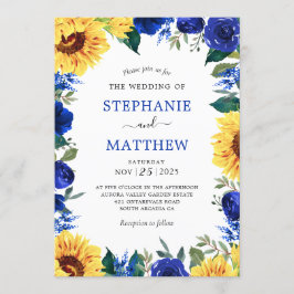 Invitación Boda de borde floral azul de girasol