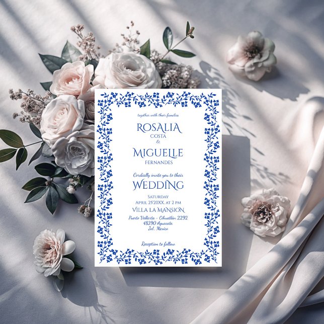 Invitación Boda de borde floral azul marino (Navy blue vintage floral border  modern elegant wedding invitation cards with rsvp editable template)
