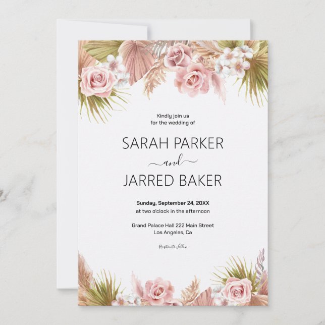 Invitación Boda de borde floral Boho (Anverso)