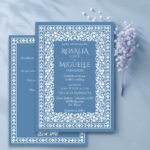 Invitación Boda de borde floral de color azul turbio