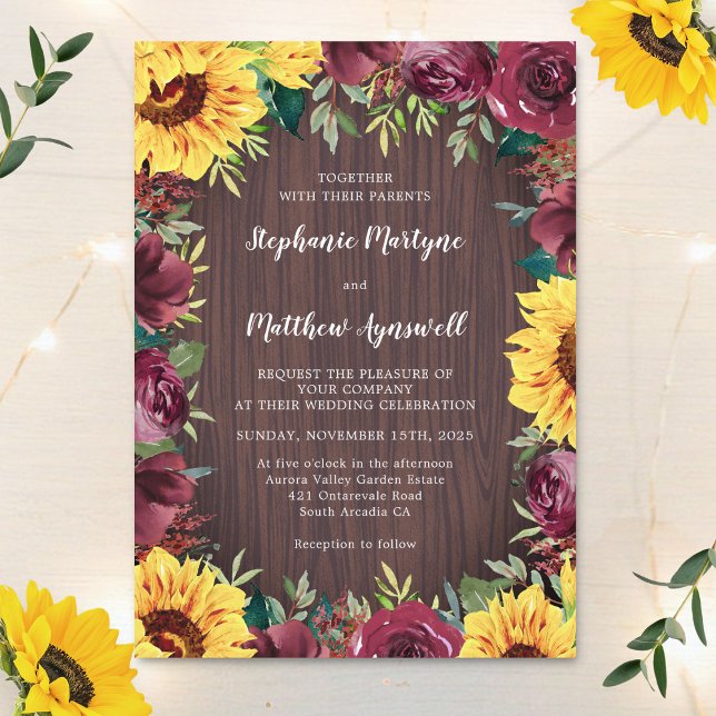 Invitación Boda de borde floral de madera de girasol rústico (Subido por el creador)
