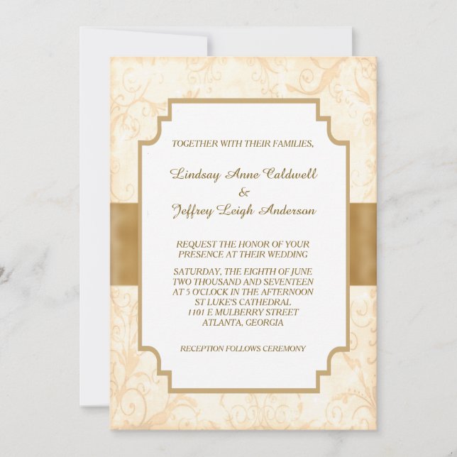 Invitación Boda de borde floral de oro antiguo (Anverso)