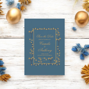 Invitación Boda de borde floral de oro de la marina
