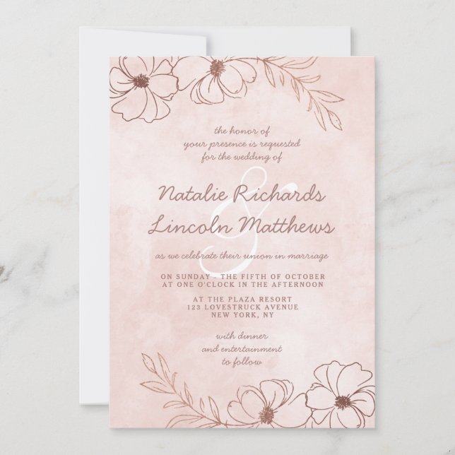 Invitación Boda de borde floral de Relieve metalizado dorado  (Anverso)