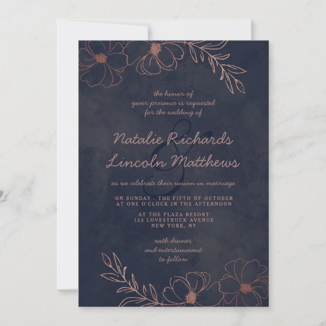 Invitación Boda de borde floral de Relieve metalizado dorado  (Anverso)