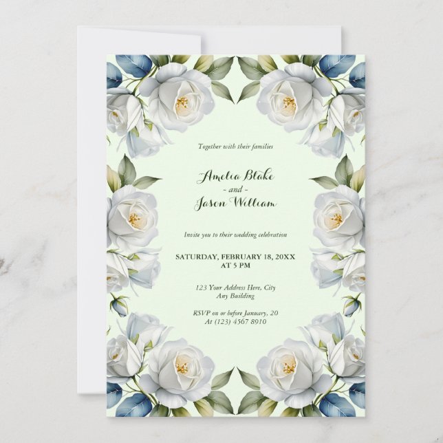 Invitación Boda de borde floral de rosa blanca Pastel verde (Anverso)