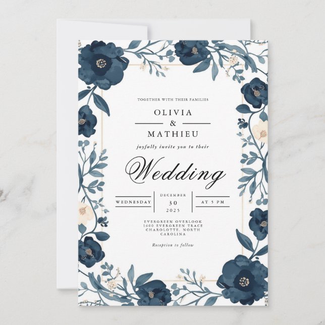 Invitación Boda de borde floral índigo profundo (Anverso)